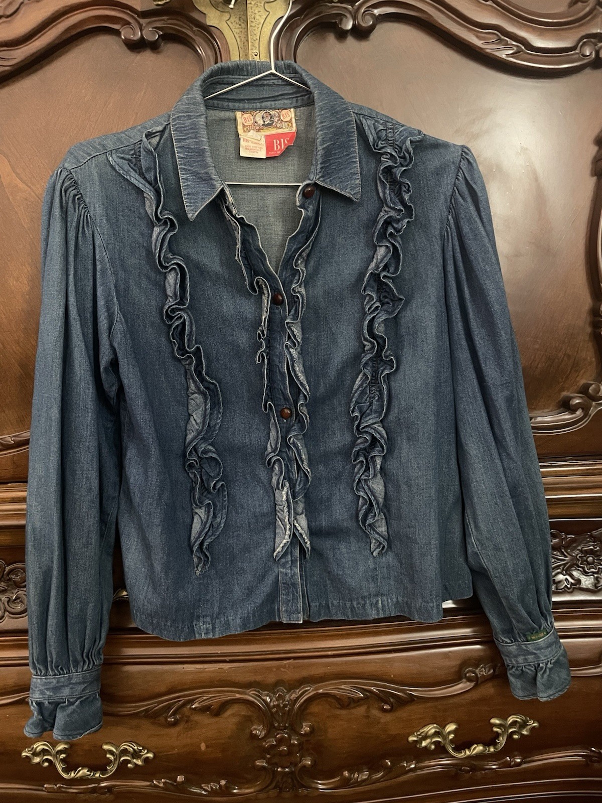 Bis Paris Beverly Hills Cotton Chambray Women&rsquo;s Ruffle Top Vintage, Size 42