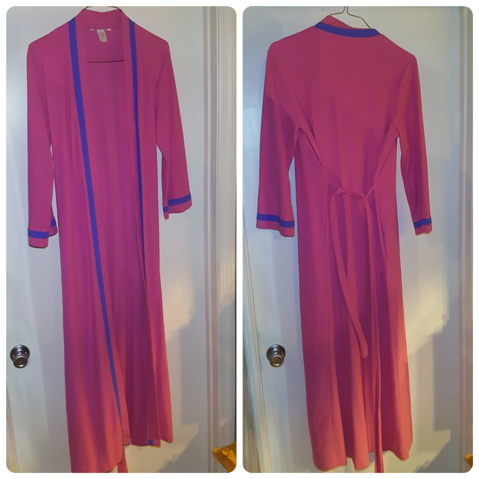 VTG 70&rsquo;s Trimmed Pink & Blue Night Bath Robe Sz. MEDIUM 12 – 14 Complete w/ BELT