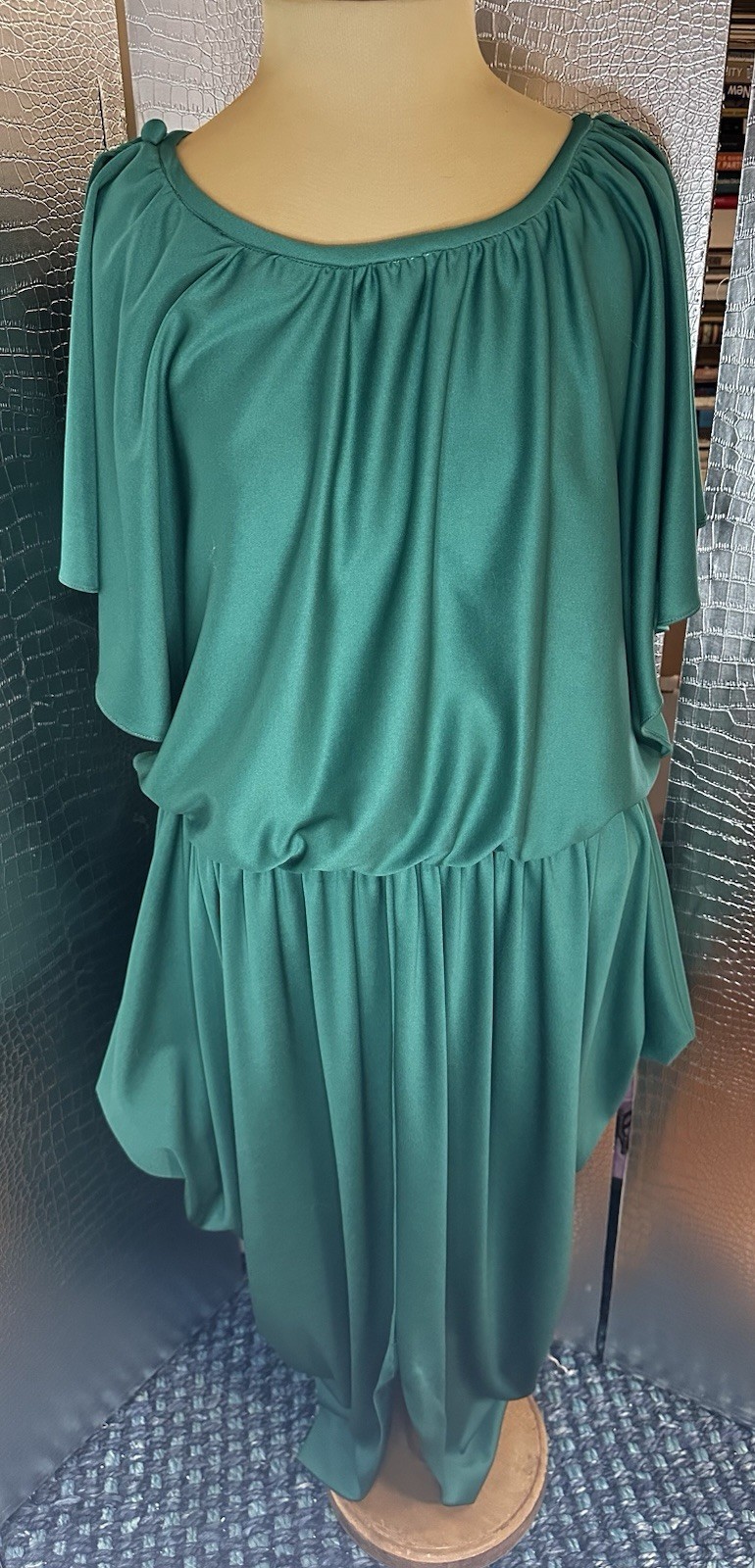 Vintage Green 80s Dress Handkerchief Hem Flutter Sleeves Scoop Neck Size Med-Lg