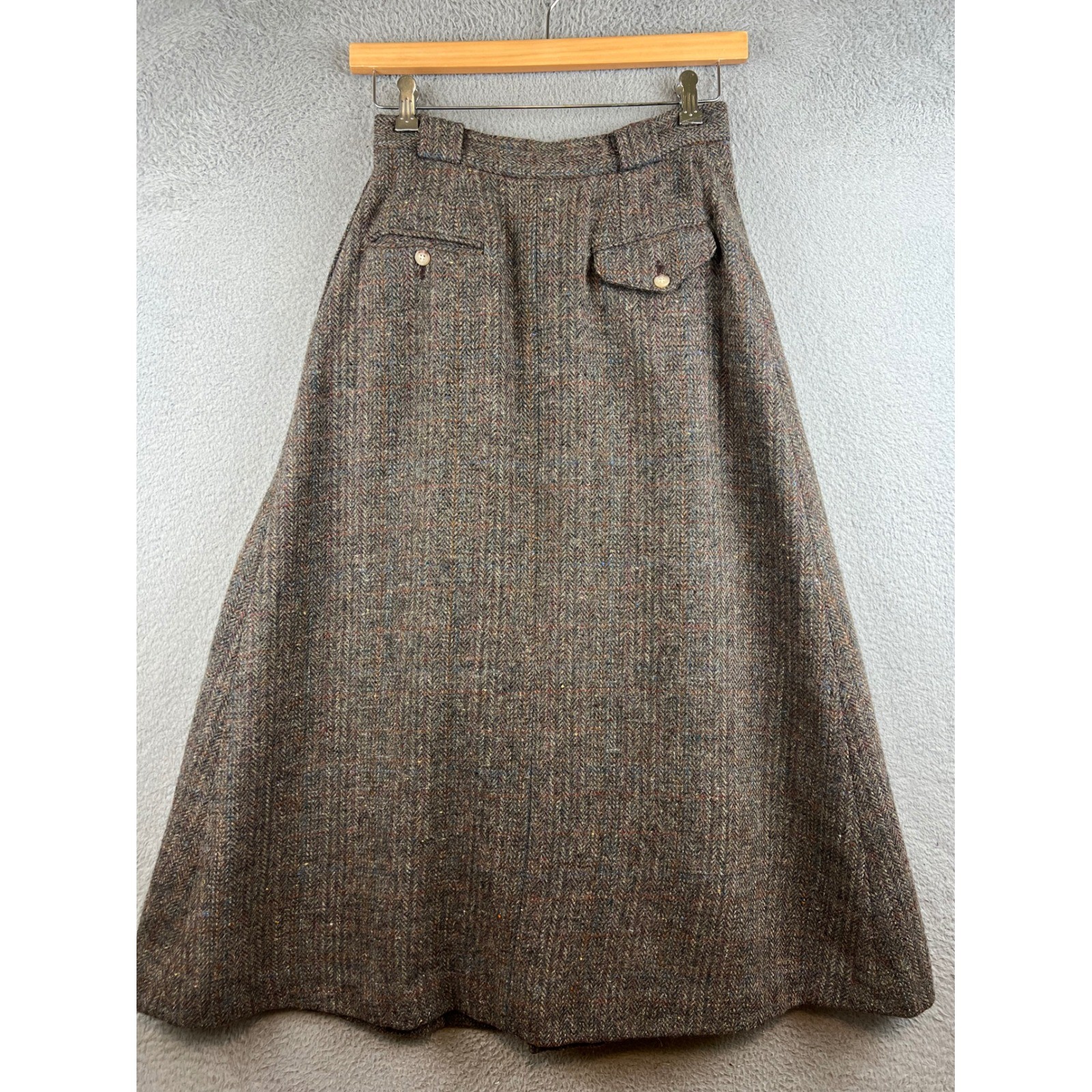 Vintage Brown Herringbone Tweed Wool Maxi Skirt Pleated High Waist Pockets 10