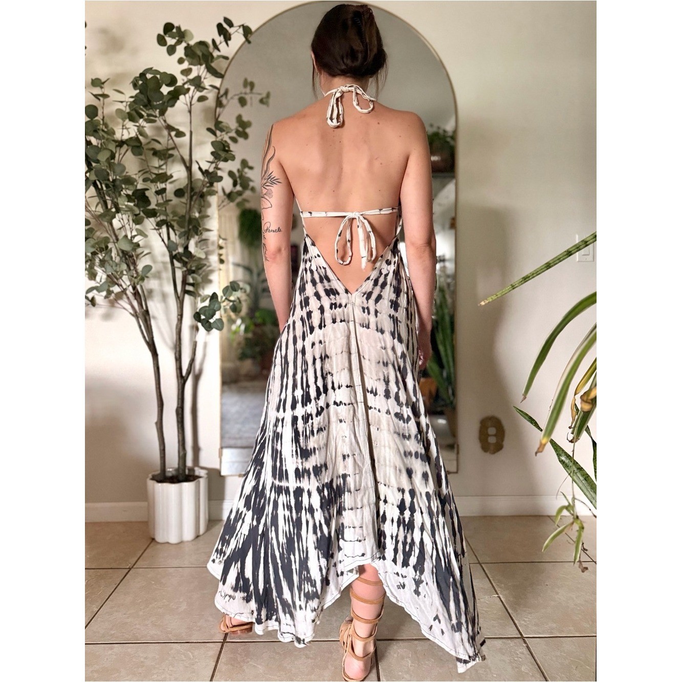 Vintage Y2K Tie Dye Backless Handkerchief Hem Maxi Dress Boho Festival