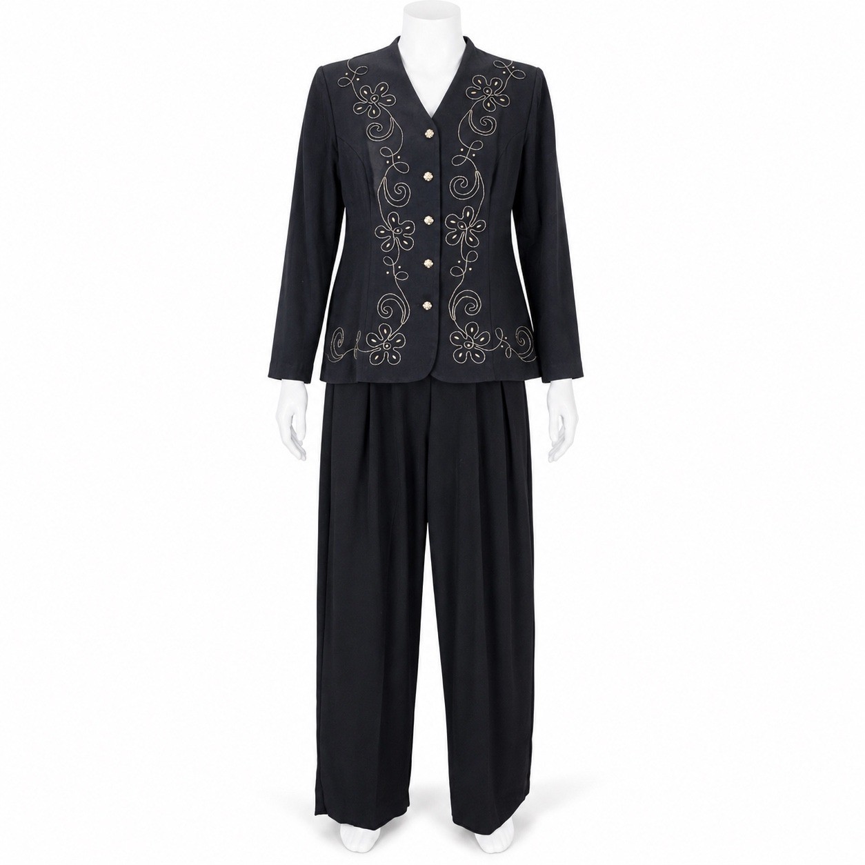 R&M Richards Pant Suit Size 10 Black Vintage Embroidered Soutache 2pc Blazer Set
