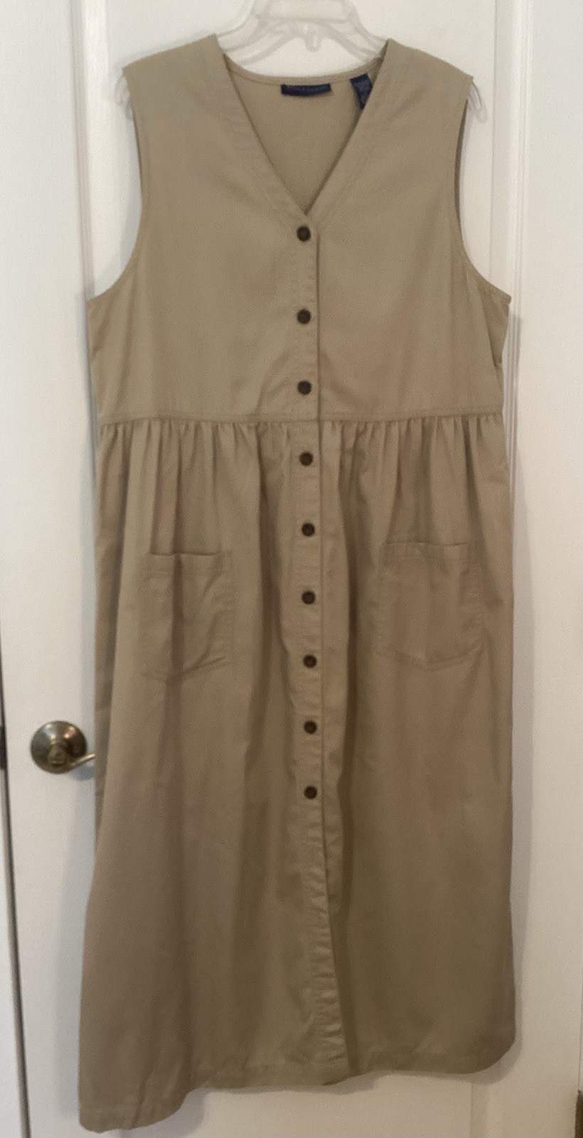 VTG Karen Scott MIDI Jumper Dress Large Khaki Tan Cotton Blend Button Front EUC
