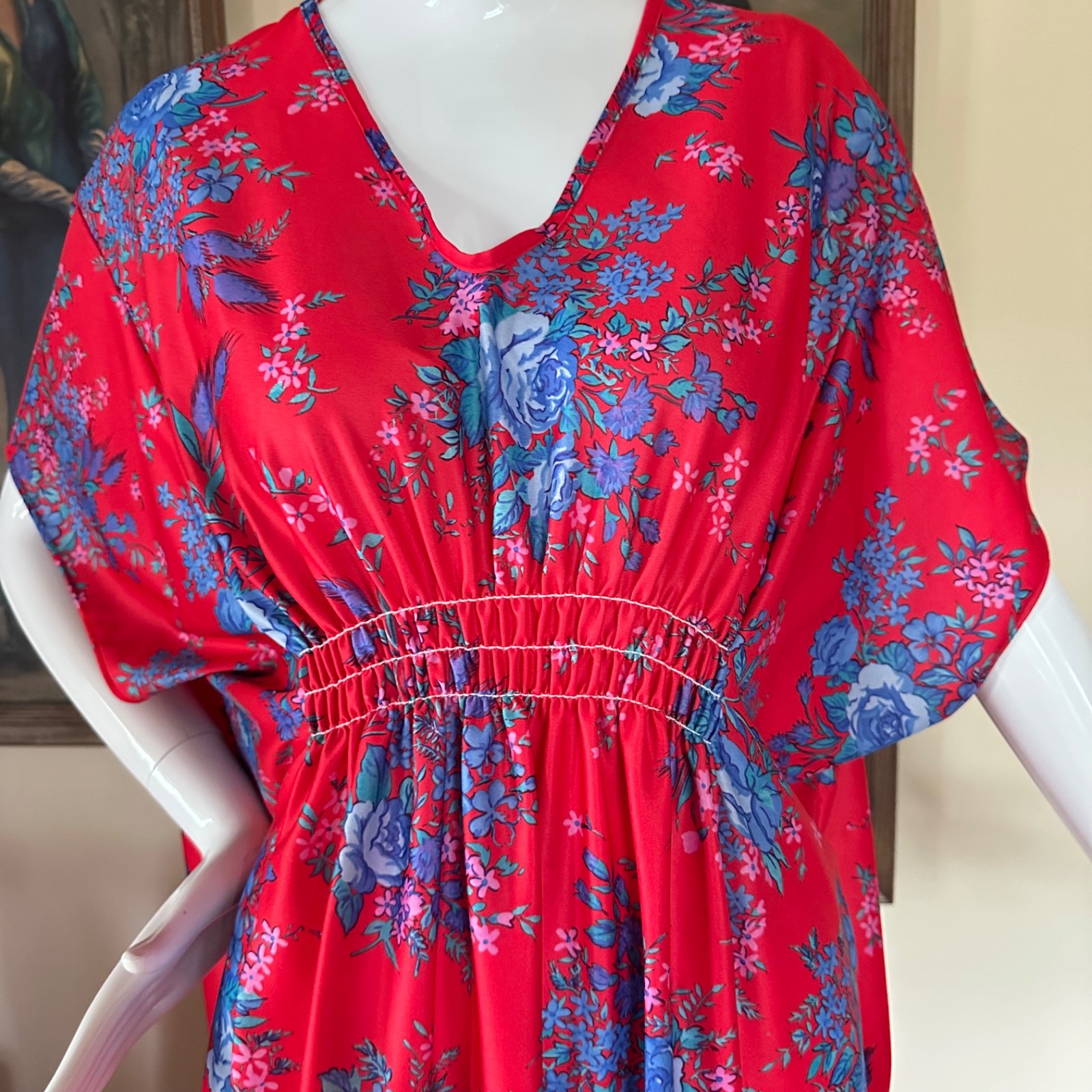 Vintage 1970s Mrs Roper Caftan Goddess Dress Red & Blue Hawaiian Floral M/L