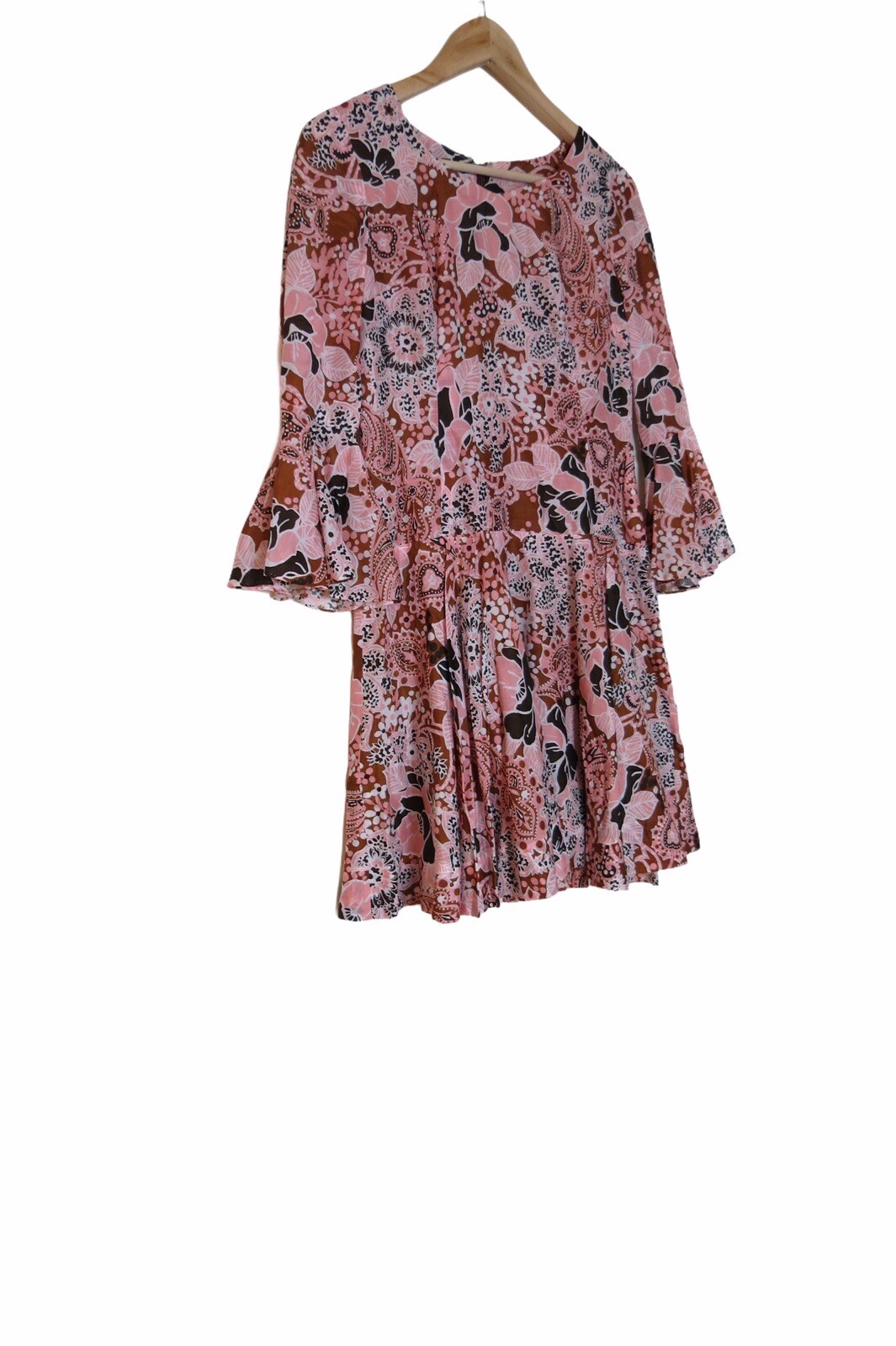 Vintage 70s Pink Brown White Polyester Dress 4 6 0570