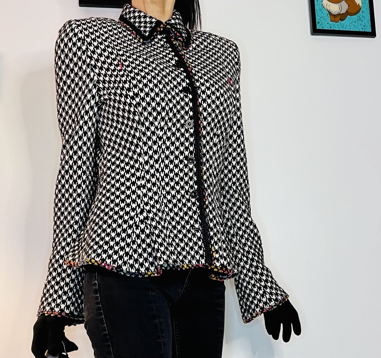 Vintage 80’s Houndstooth Fitted Blazer Rainbow Trim Bell Sleeves Stretch