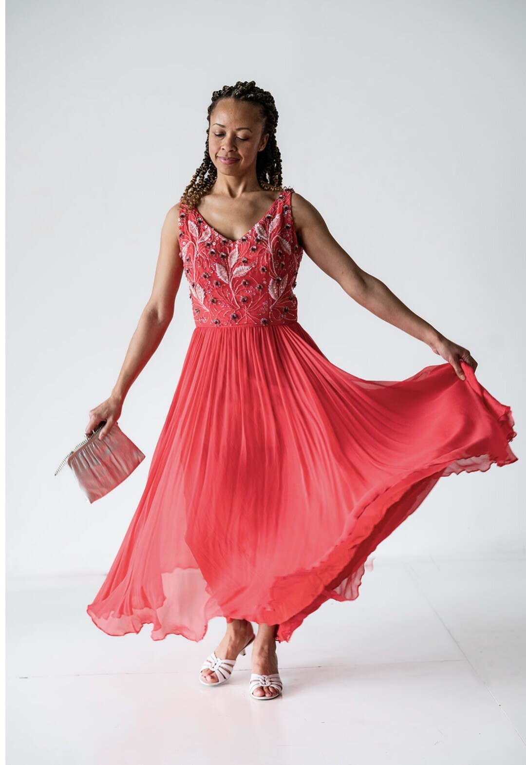Coral Silk Gown with White Beaded Floral Bodice