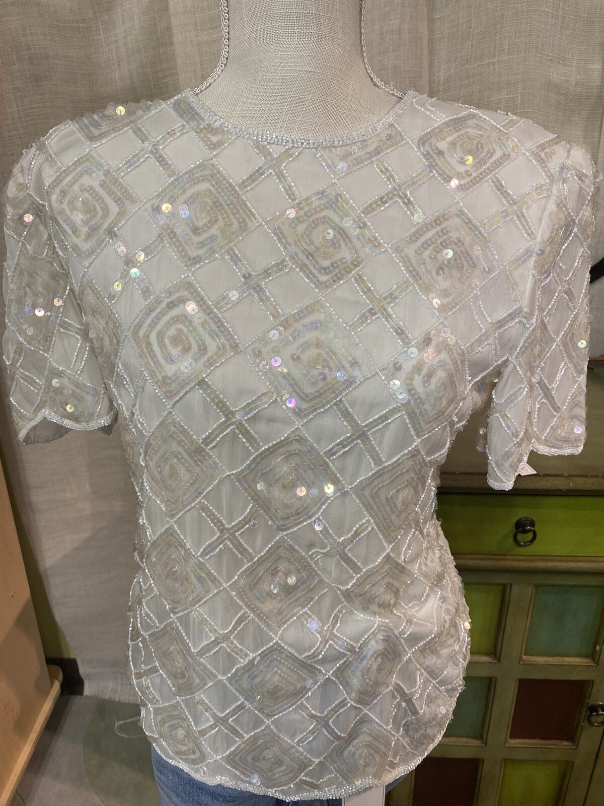 Vintage Stenay White 80’s Sequin Top Holiday Party Diamond Pattern Christmas M