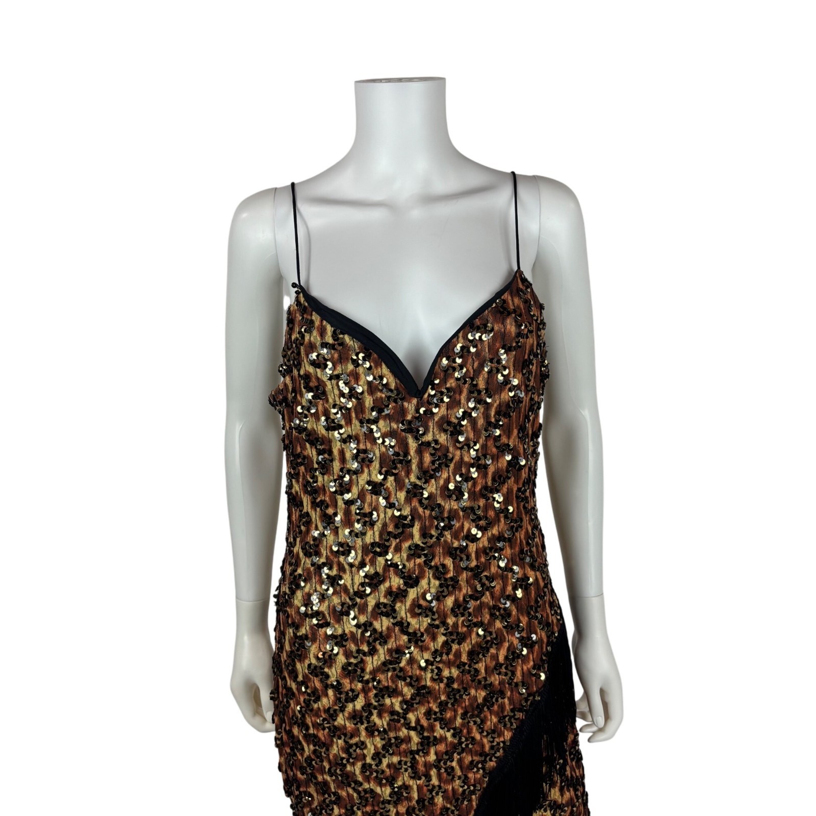 Vintage 90s Flapper Dress Womens Medium Leopard Style Print Sequin Party Fringe