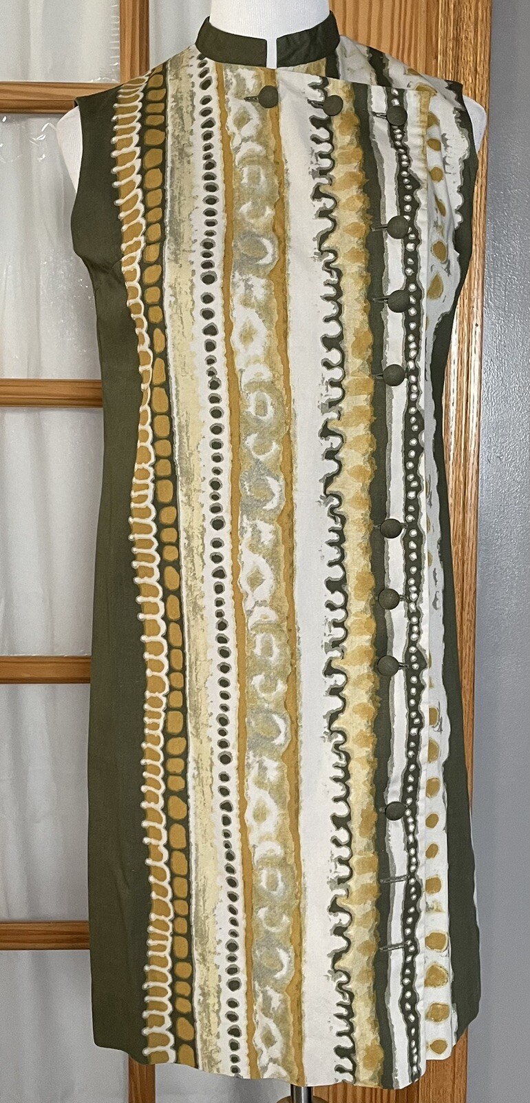 70s Handmade Mini Dress M Side Buttons Olive Sleeveless Party Feminine Classic