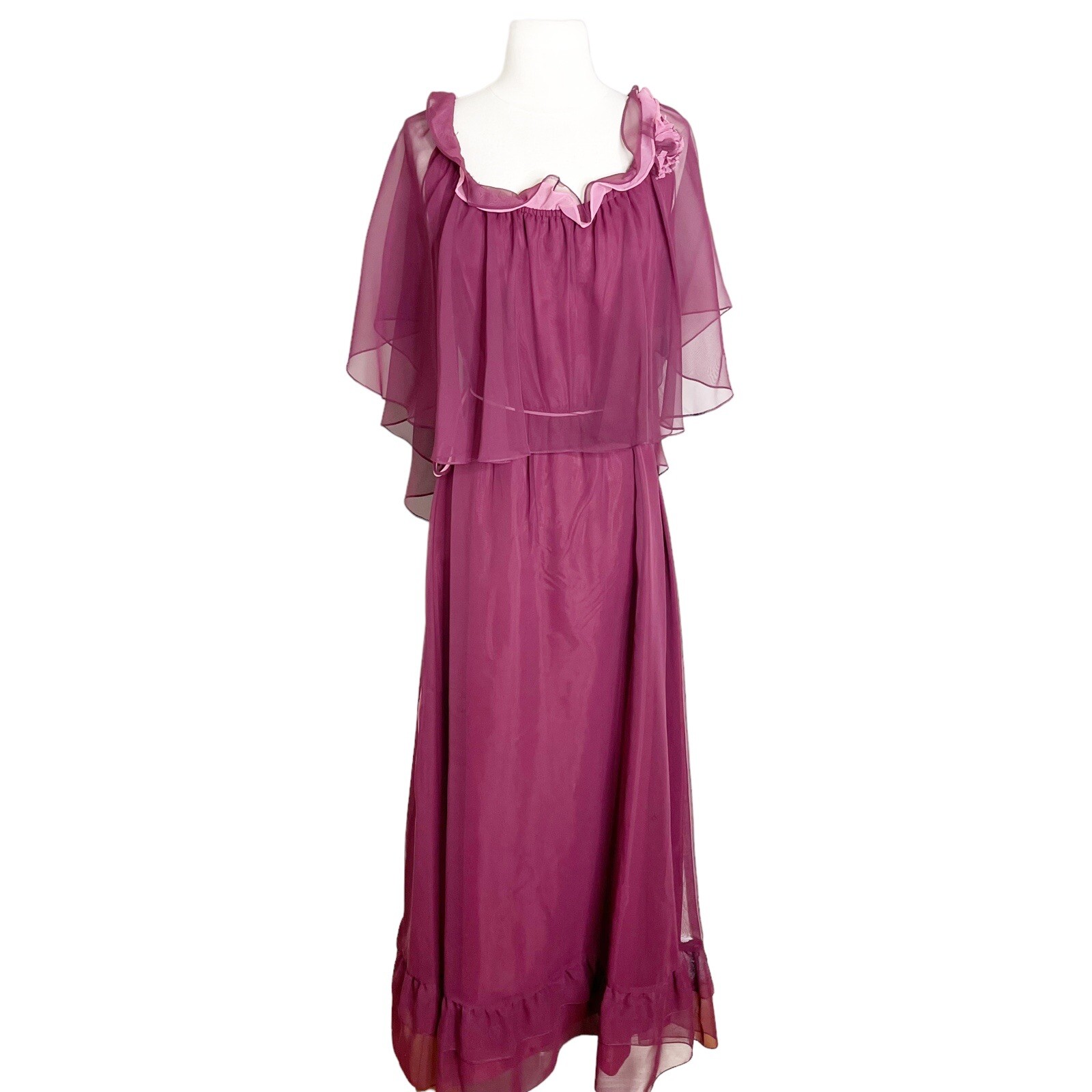 Vintage 70s Burgundy Chiffon Maxi Dress Size 14 Sheer Draped Overlay Sleeveless