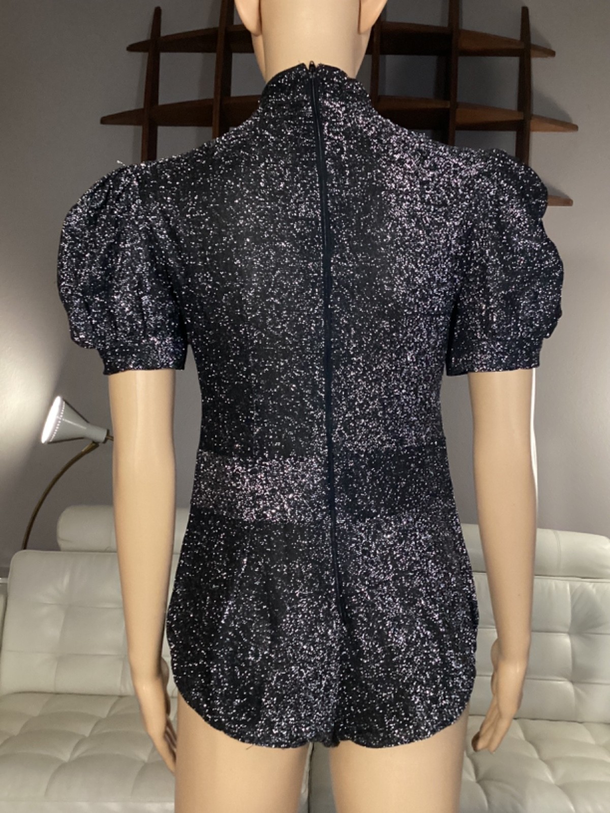 Vintage 70&rsquo;s 80s Silver Metallic Black Disco Body Body Suit Puff Sleeves