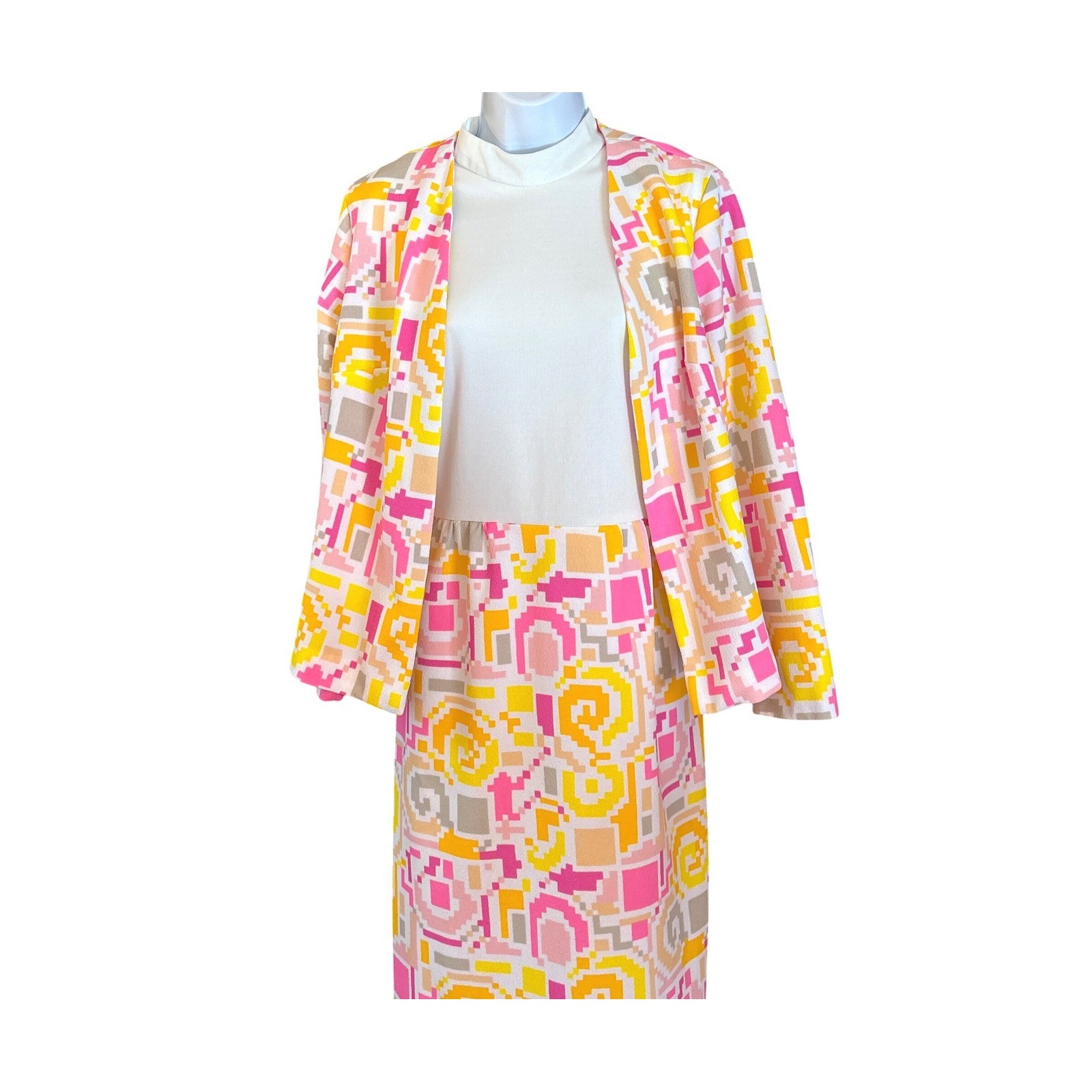Vintage 70s Mod Geometric Hostess Set Maxi Skirt Jacket Pink Yellow Retro