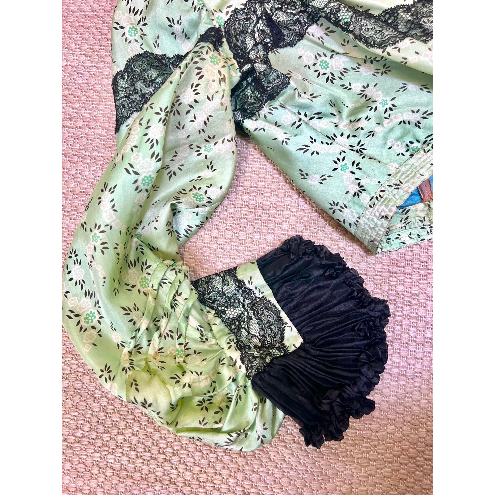 Antique Victorian Mint Green Printed Silk Two Piece Floral Skirt Set Black Lace