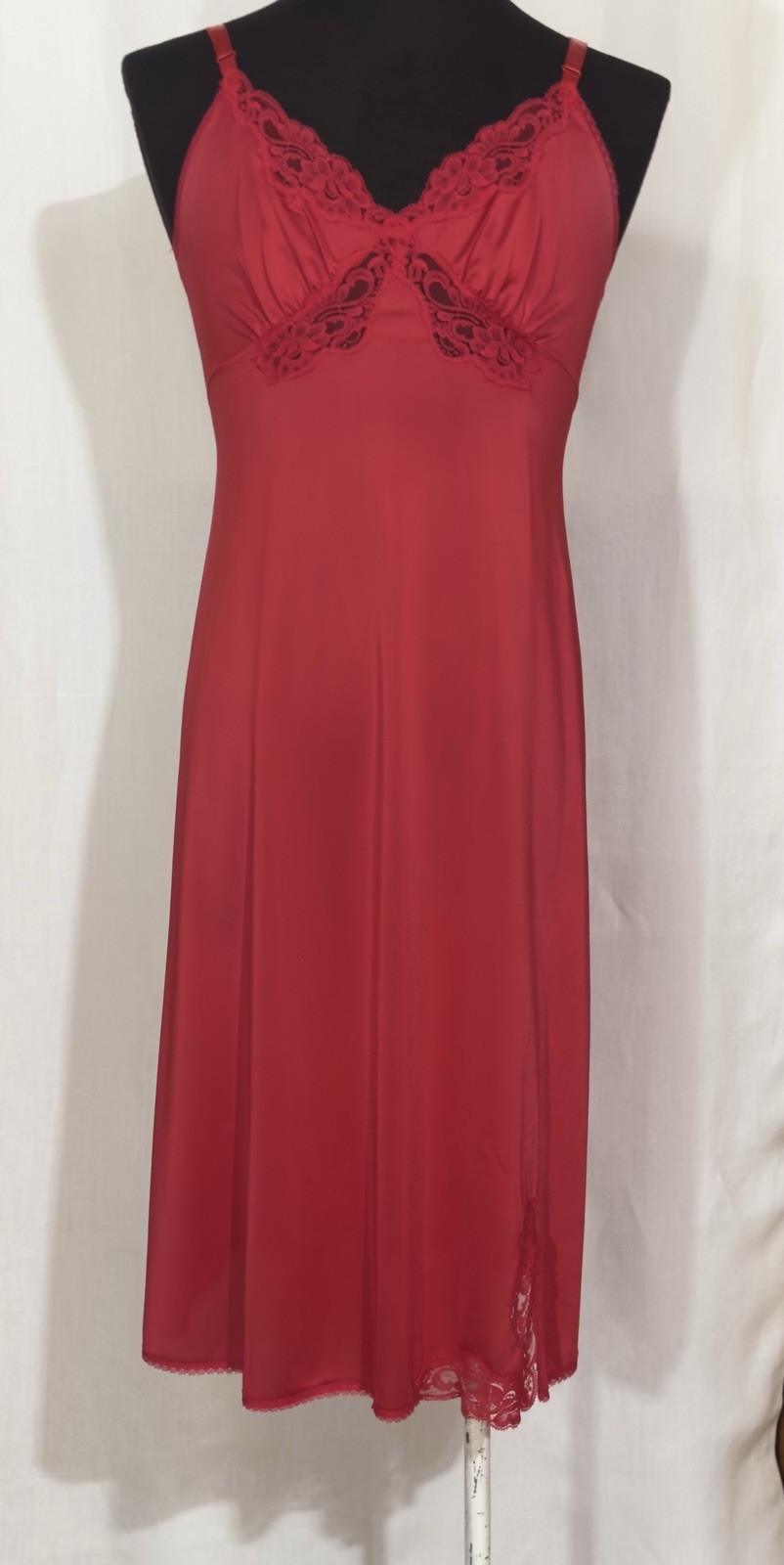 Vintage Shadowline Red Full Slip Size 38S USA Nylon Lace Adjustable Straps