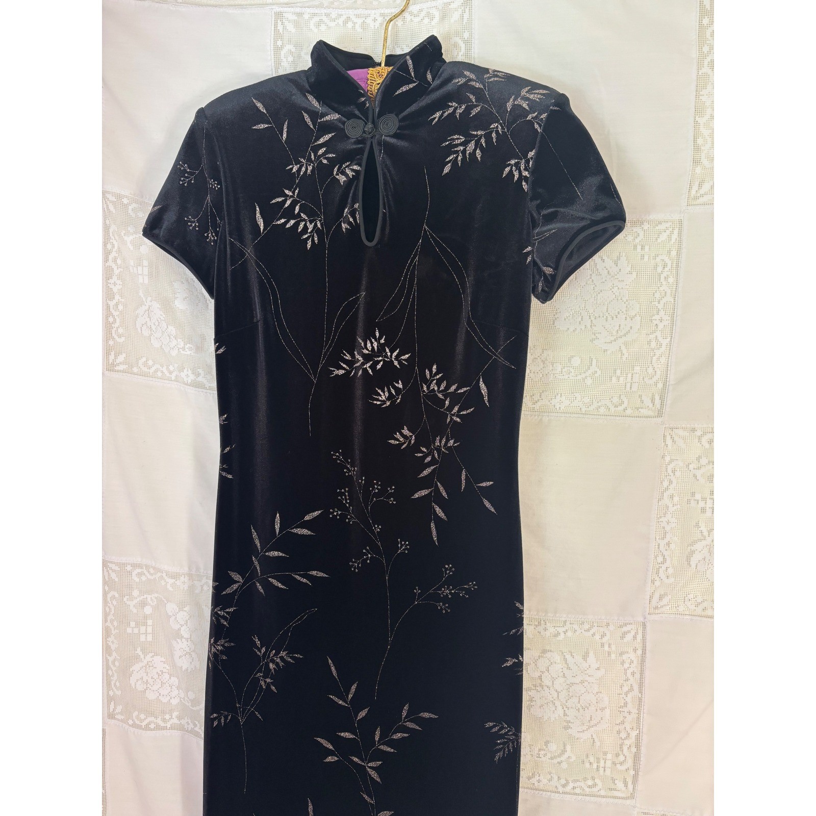 VTG Black Velvet Metallic Threaded Floral Maxi Cheongsam Dress Size S-M
