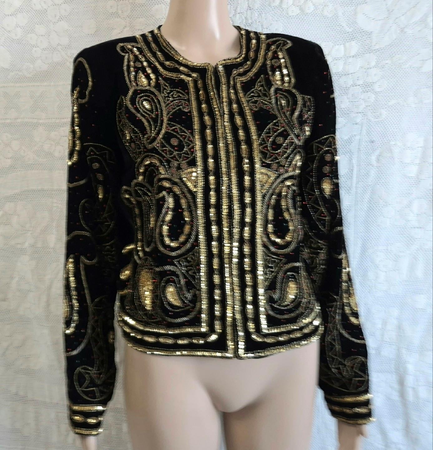 BLACK VELVET w/GOLD EMBROIDERY & BEADING Vintage 1980s BOHO GLAM JACKET M/L