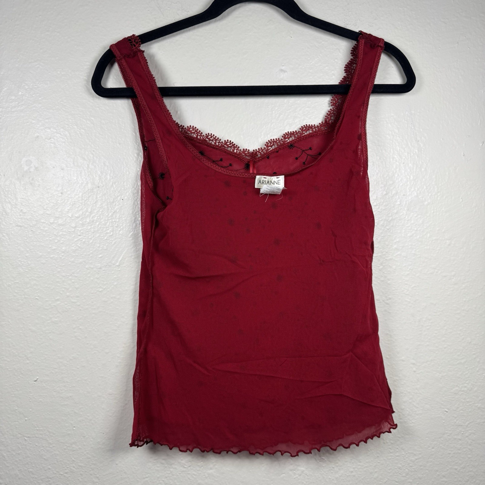 Arianne Lace Trim Tank Top Vintage Red 2000’s Embroidered Mesh Size Small Y2K