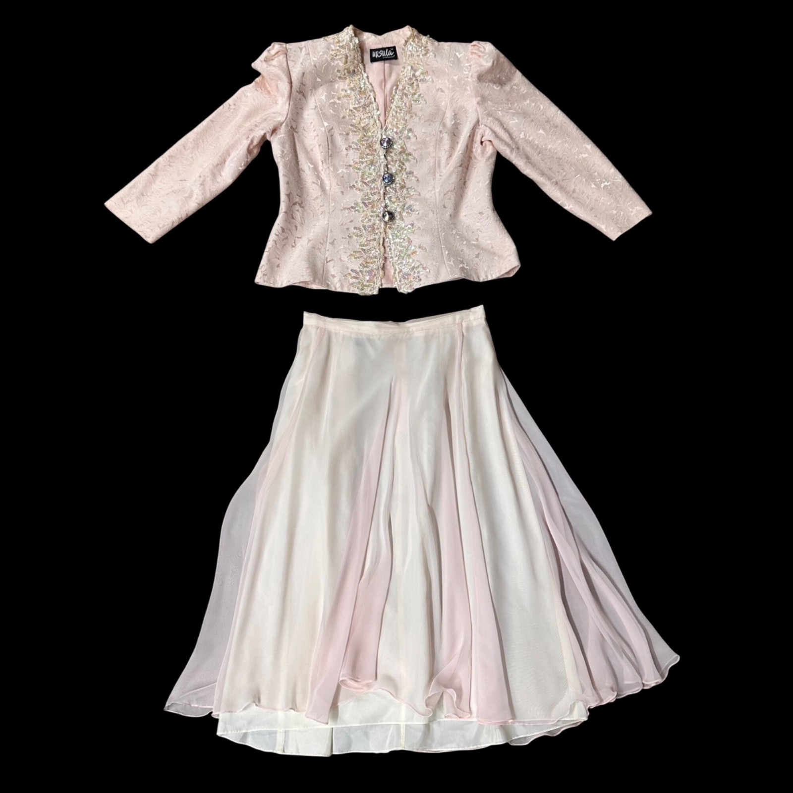 Vintage Pink Jacket Skirt Set 1980s Sequins Glam Size 14 Ursula Of Switzerland