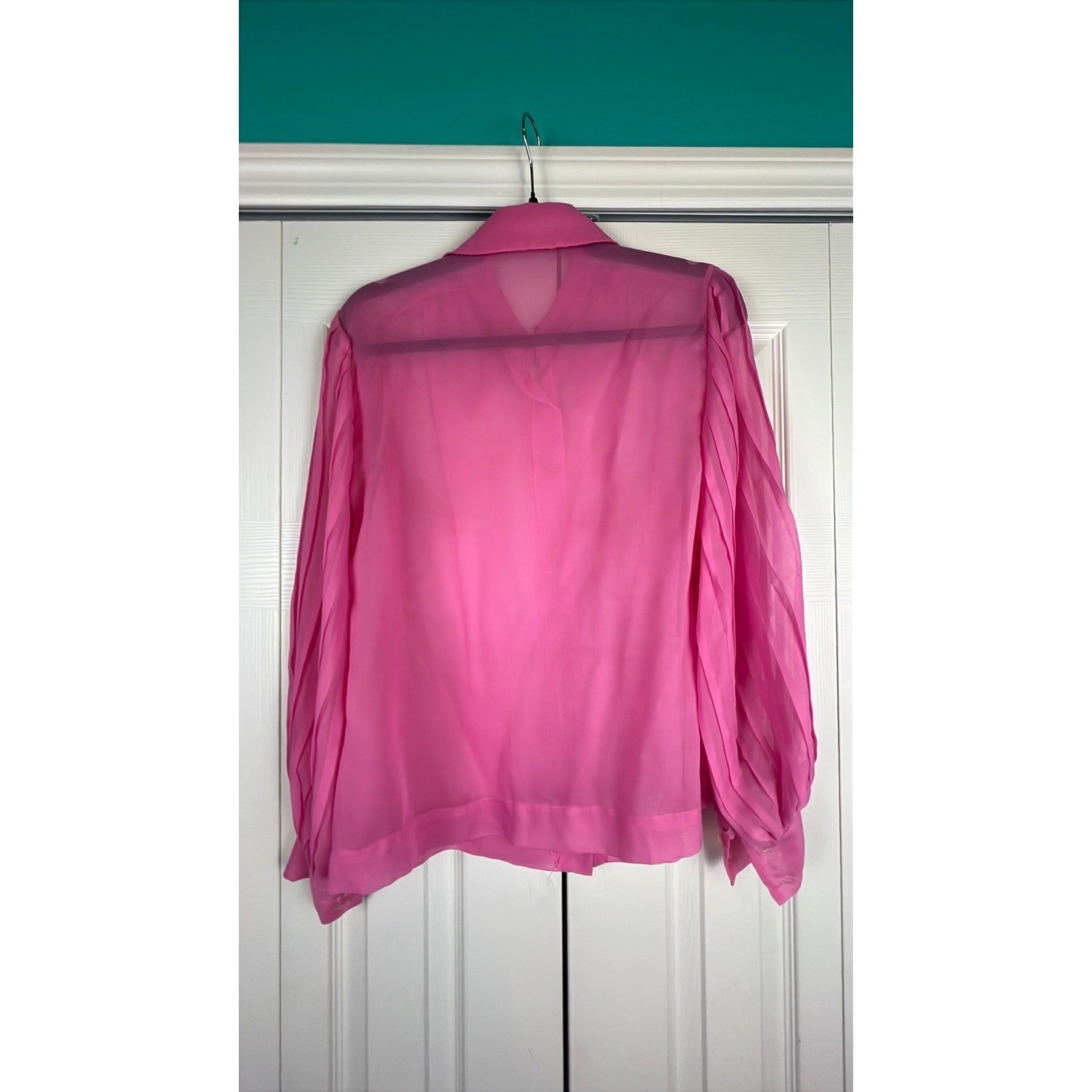 Vintage Dagger Collar Balloon Sleeve Blouse Retro Barbiecore Pink Chiffon S/M