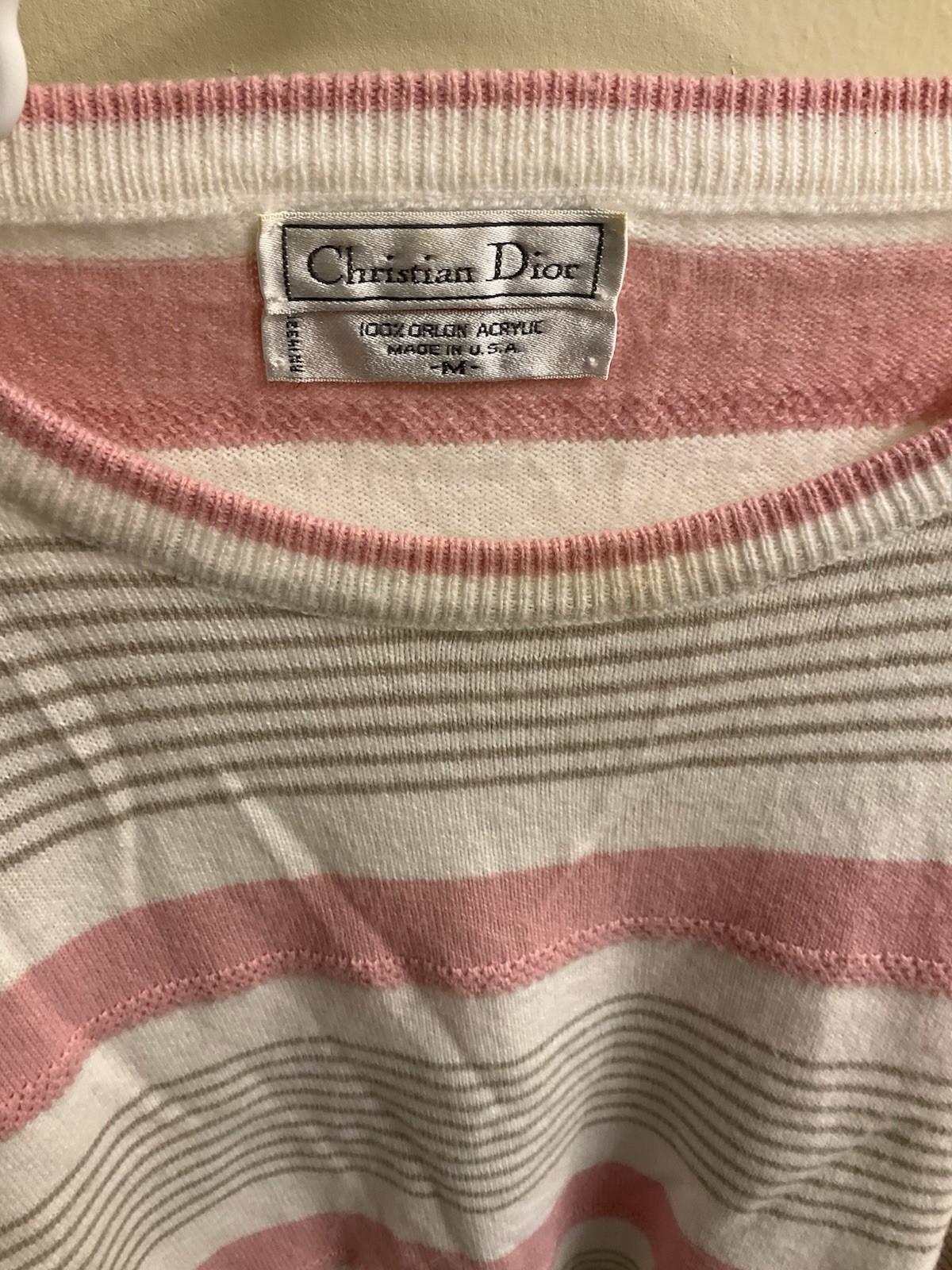 Vintage Christian Dior Women Orlon Crew neck sweater pink stripe Medium 80s USA