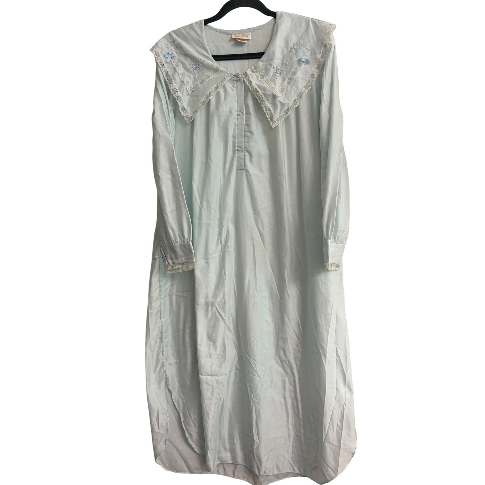Vintage Grandmacore Light Blue Satin Nightgown Lace Trim Floral Embroidery M L