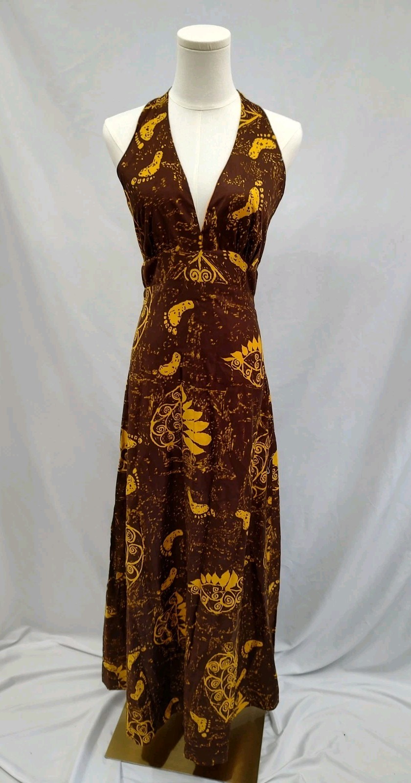 70&rsquo;s Vintage Hawaiian Dress Maxi Halter Tiki Barefoot Beach Print Brown Sz XS/S