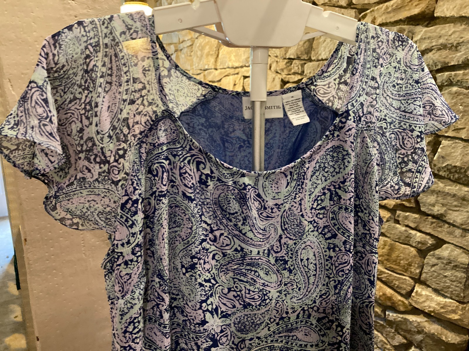 Jaclyn Smith VTG 2006 Blue paisley maxi dress cap sleeves Hem 2-tier ruffle