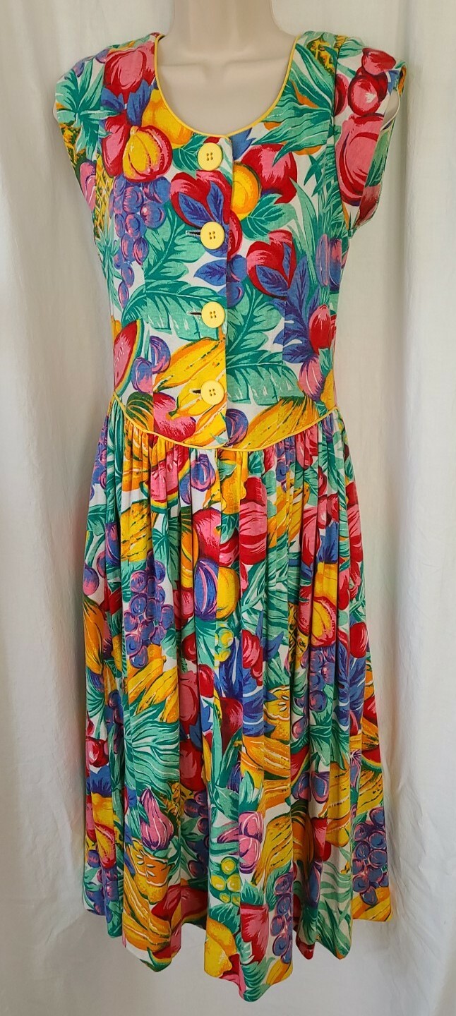 Vintage &rsquo;80s Studio E Bright Prairie Button Front Dress Fruit USA Size 9/10