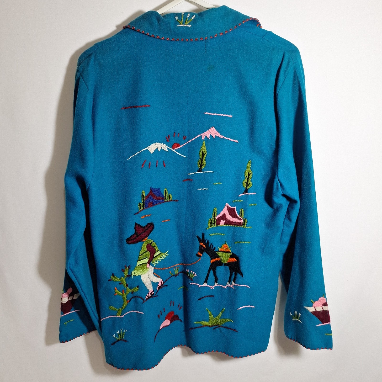 Vtg 50&rsquo;s Mexican Embroidered Wool Tourist Jacket Turquoise