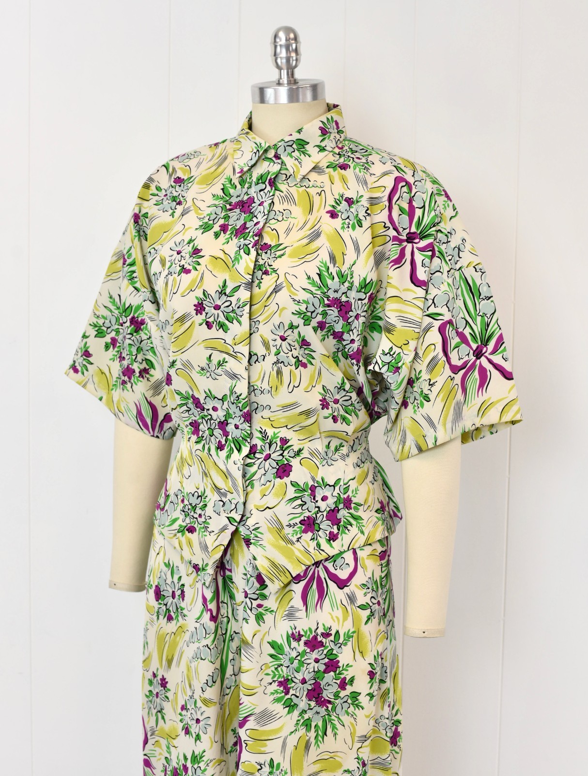 Vtg 1980s Norma Kamali Floral Ribbon Novelty Print Blouse Palazzo Pants Set