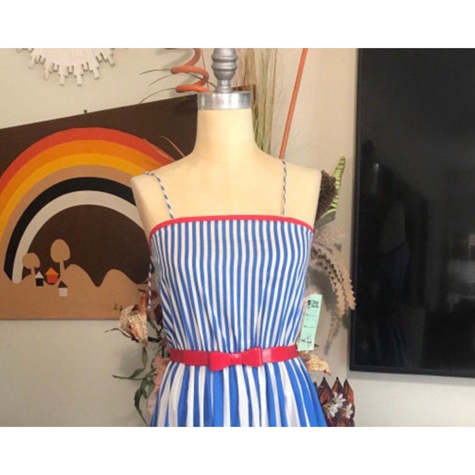 1970s Striped Sun Dress Blue Red Yellow Cotton Spaghetti Strap Flared Midi