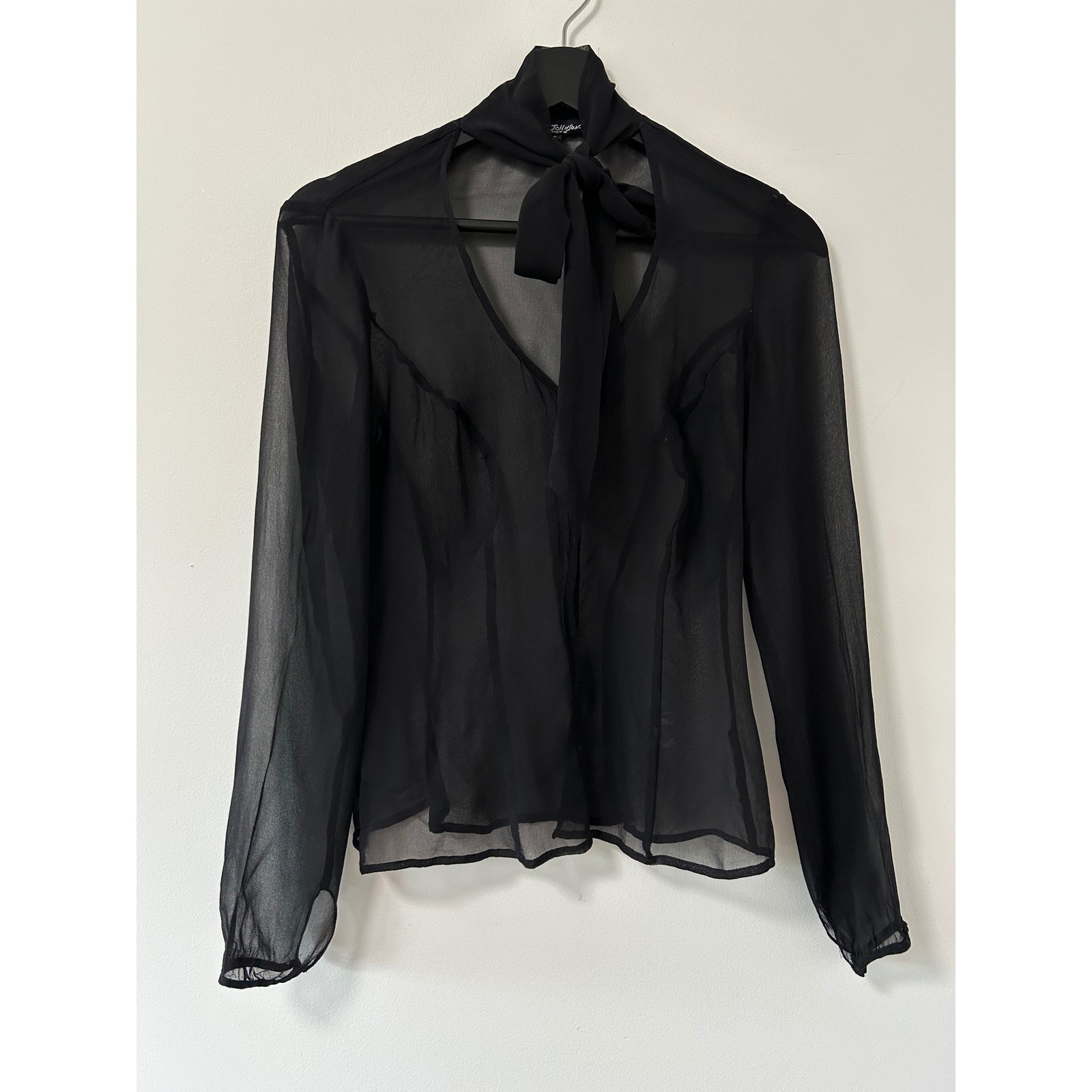 Betsey Johnson New York Black 100% Silk Sheer Tie Neck Vintage Blouse Small