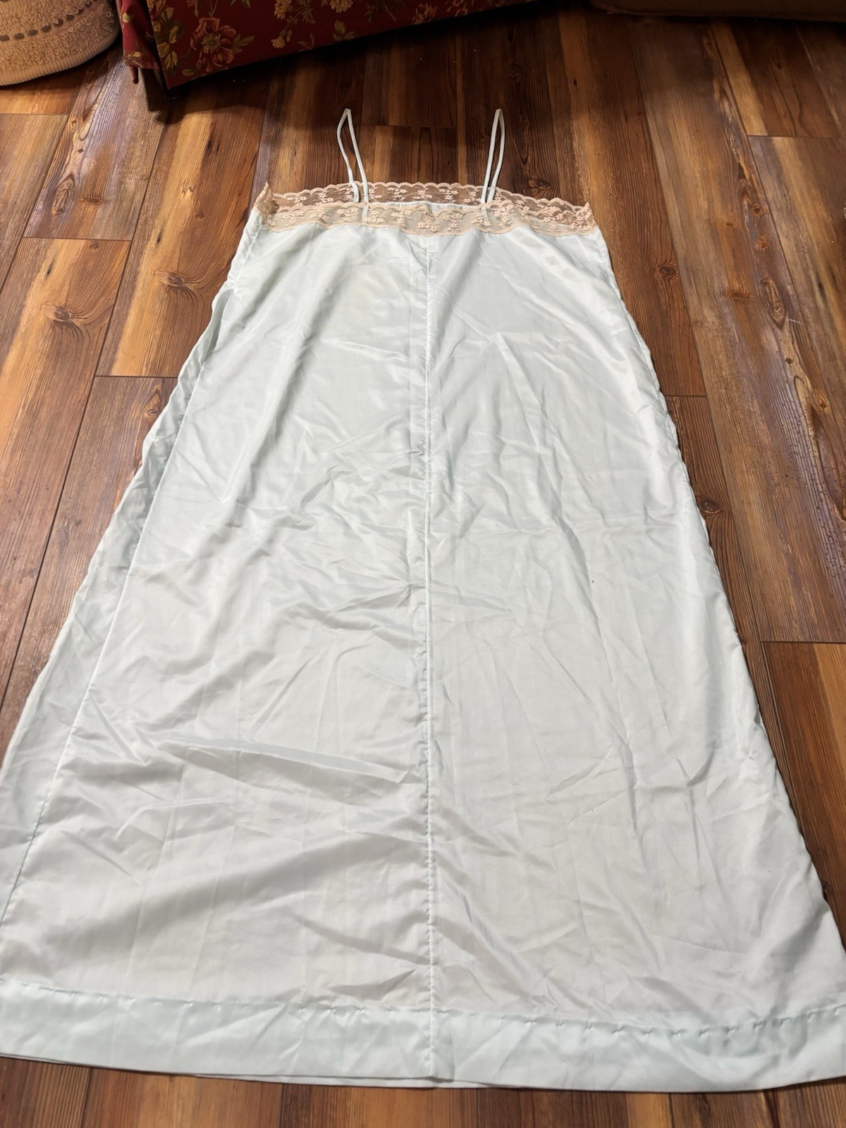 Vintage Sears Light Blue Nylon Nightgown Womens Large (38/40) Cream Lace Detail