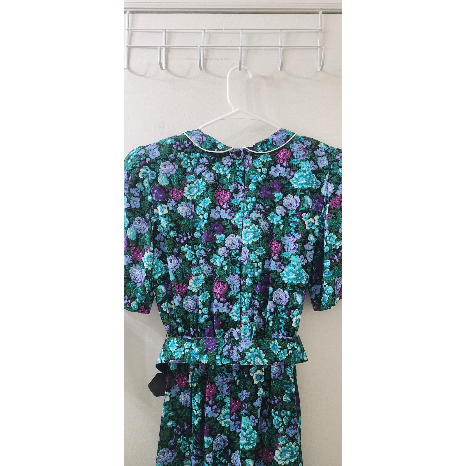 Michelle Stuart Vintage Floral Midi Dress Teal Purple Rayon Belted Size 8 USA
