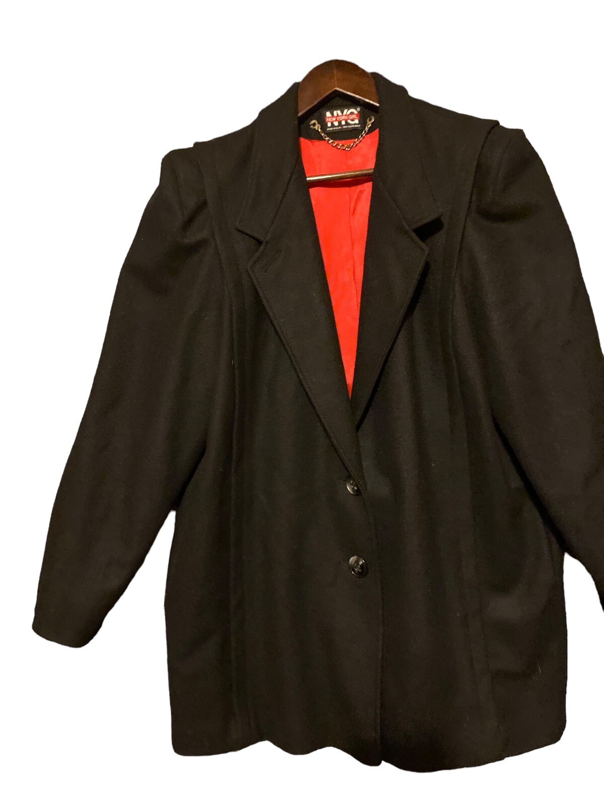 Solid Wool Coat New York Girl Black With Red Lining USA Union Made Vintage Sz 8