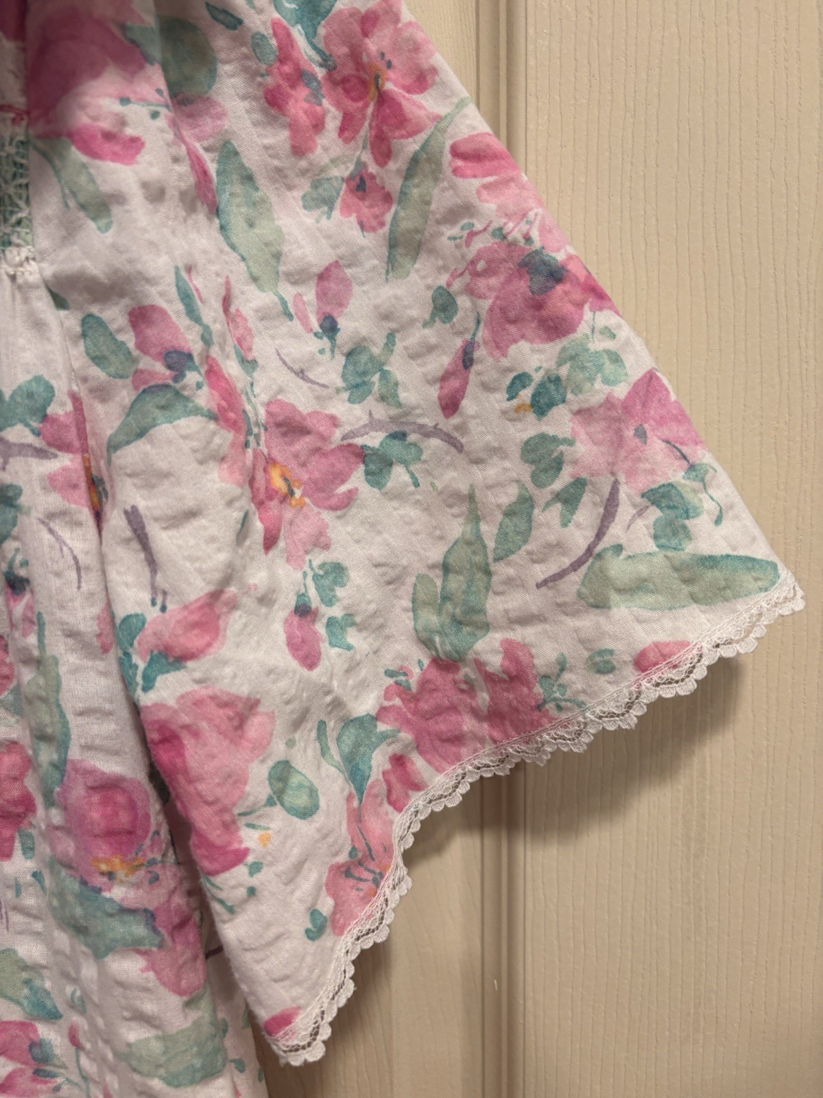 Vintage 90s Miss Elaine Size 1X Nightgown Robe Snaps Pockets Seersucker Lace