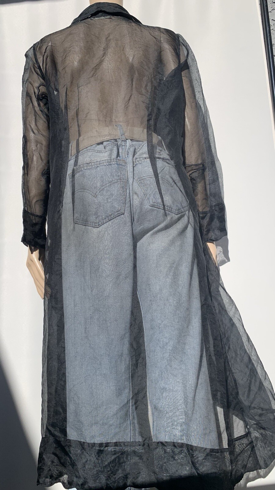 Repaired Vintage Designer Elan Vitale Avant Garde Sheer Black Rayon Duster Coat