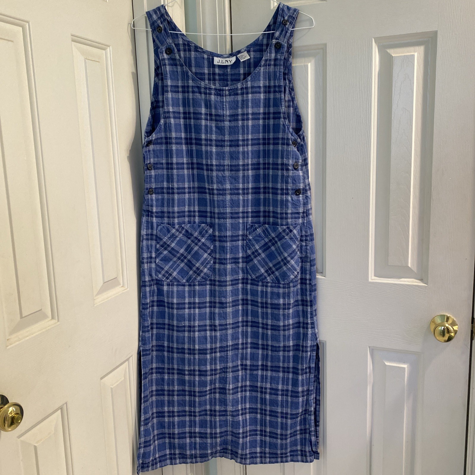 Vintage JLNY Cotton/Linen Blue Plaid Jumper With Pockets Size Small