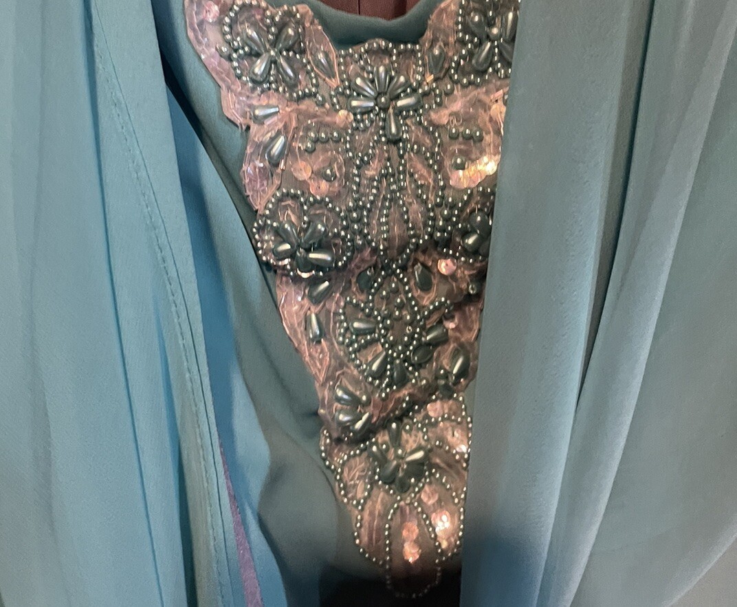 AFTER DARK Vintage Size 15-16 Turquoise Party Formal Women Top w/Pearls & Skirt