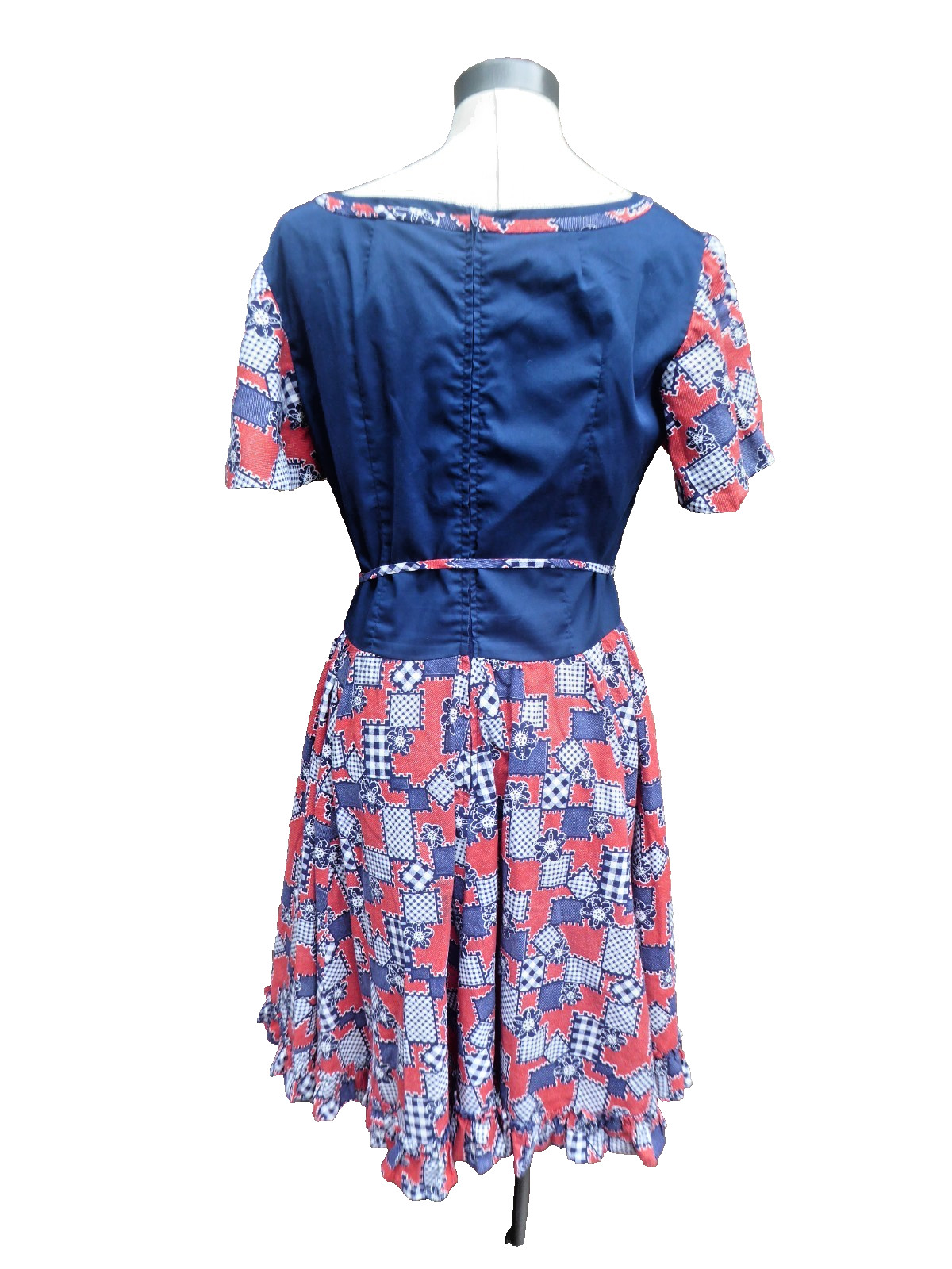 Vtg 70s Patchwork Quilt Print Dress Handmade Tulip Sleeve Patriotic Prairie Med.