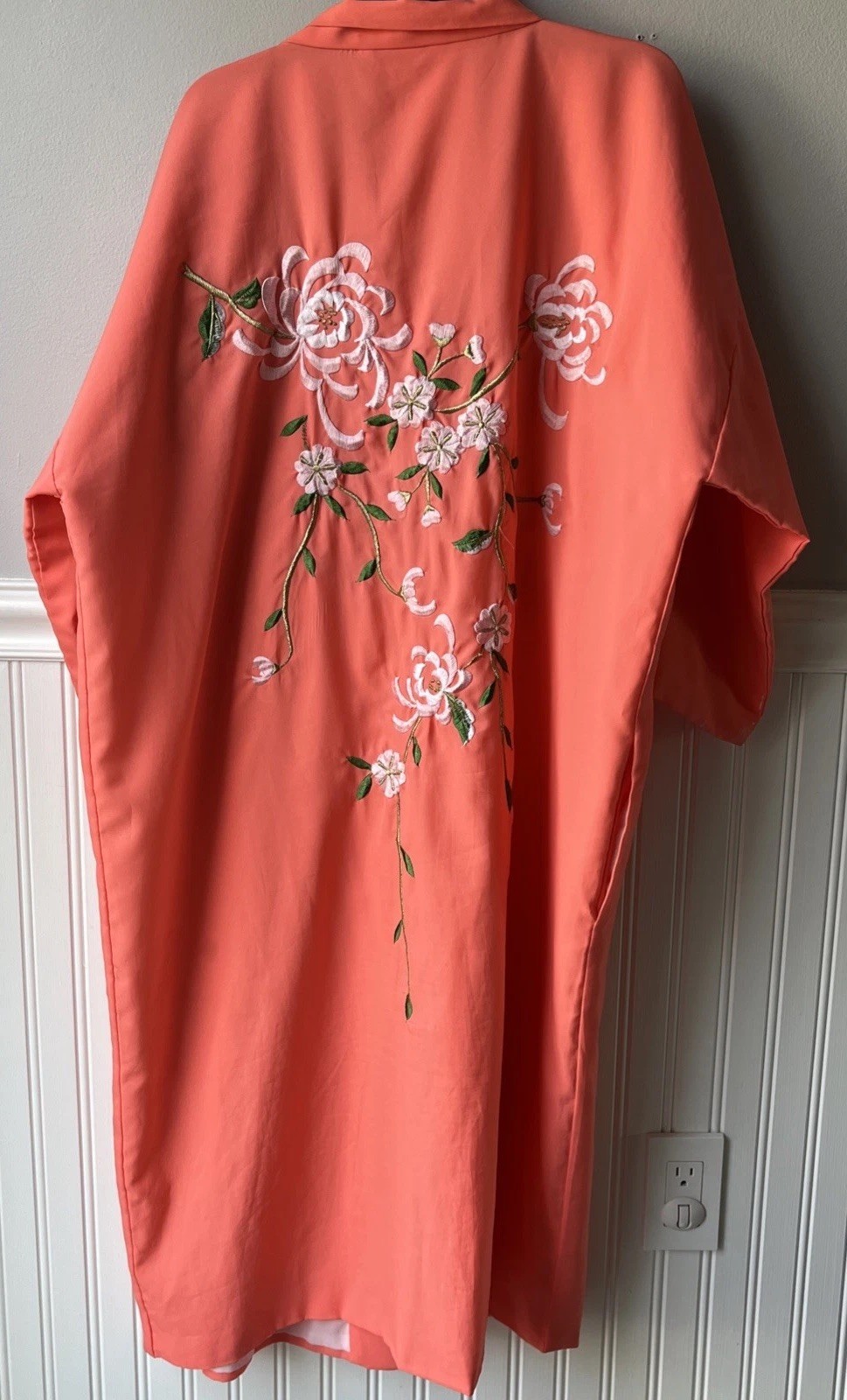 Peach Kimono Robe w/ Embroidered Peonies OSFM Made In Japan