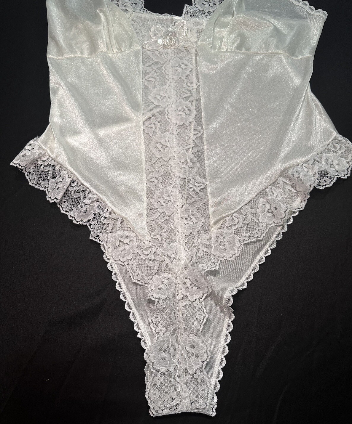 Vintage 1980s Inner Most Snap Crotch bridal Bodysuit Teddy Lingerie w lace