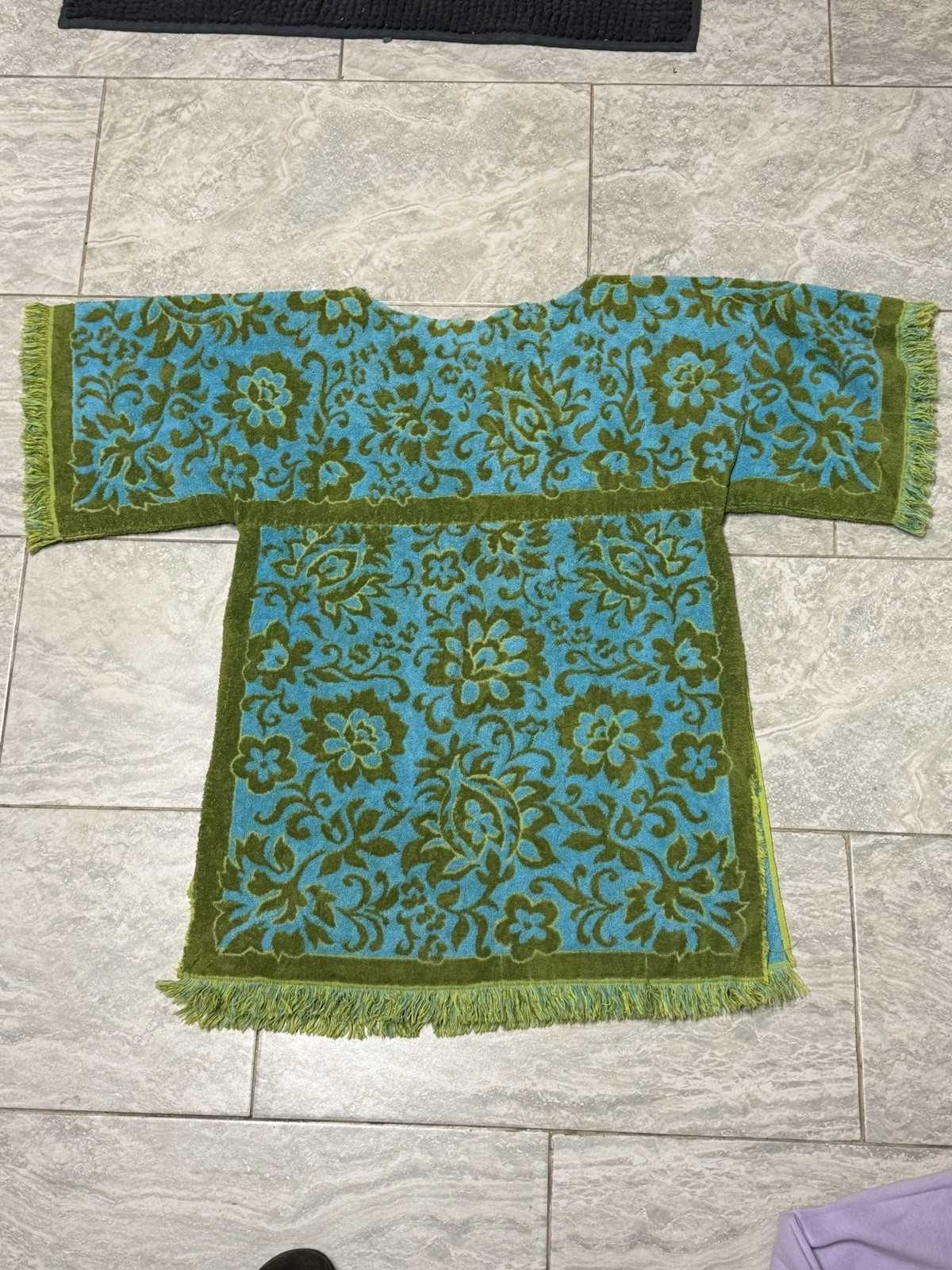 Vintage Green Blue Cover-Up Fringe Terrycloth Towel Dress Caftan Beach Poolside