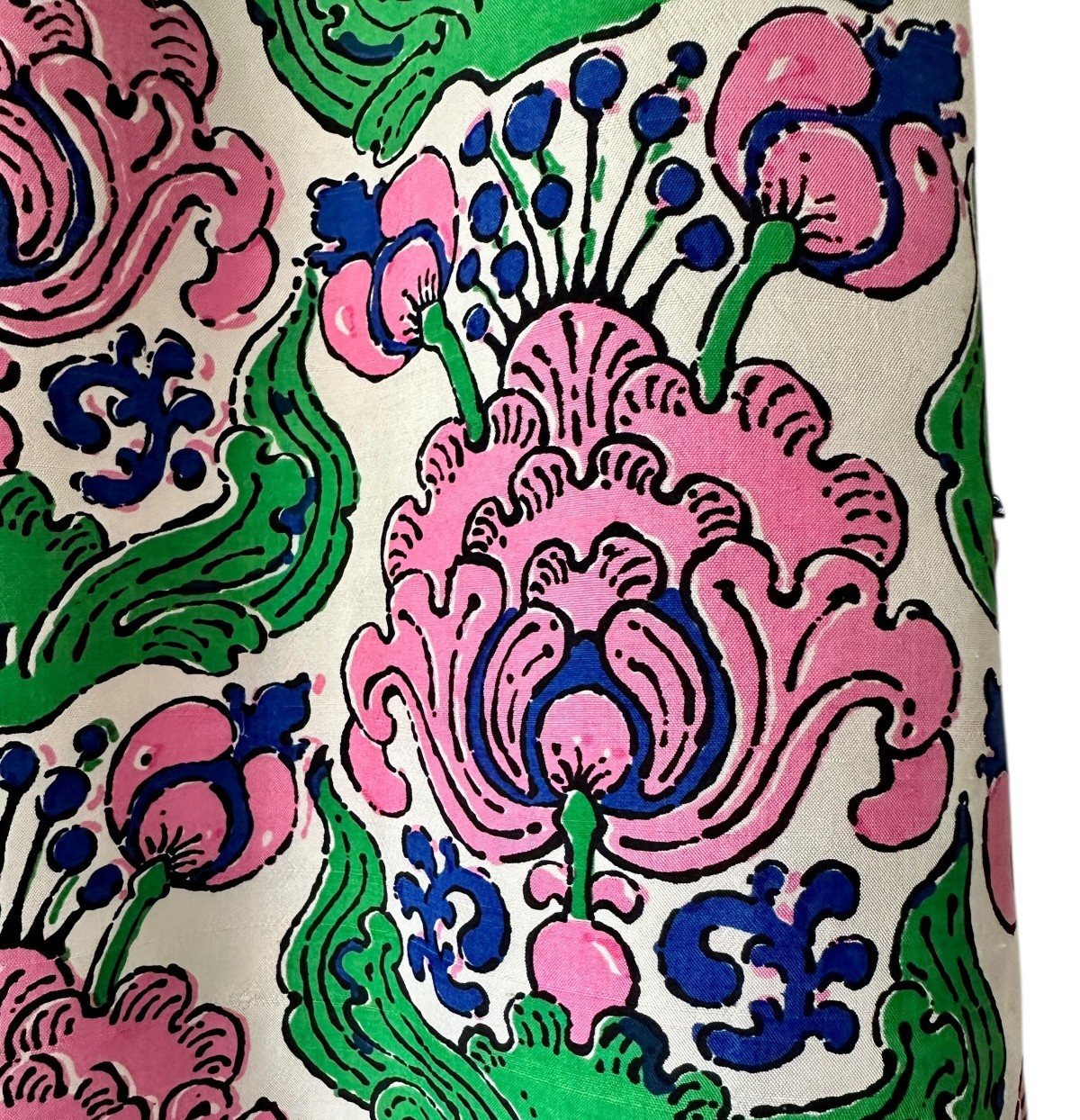 Vintage 1960s SILK Maxi Skirt Pink Green Retro Print Made in Bangkok Sz 4-6