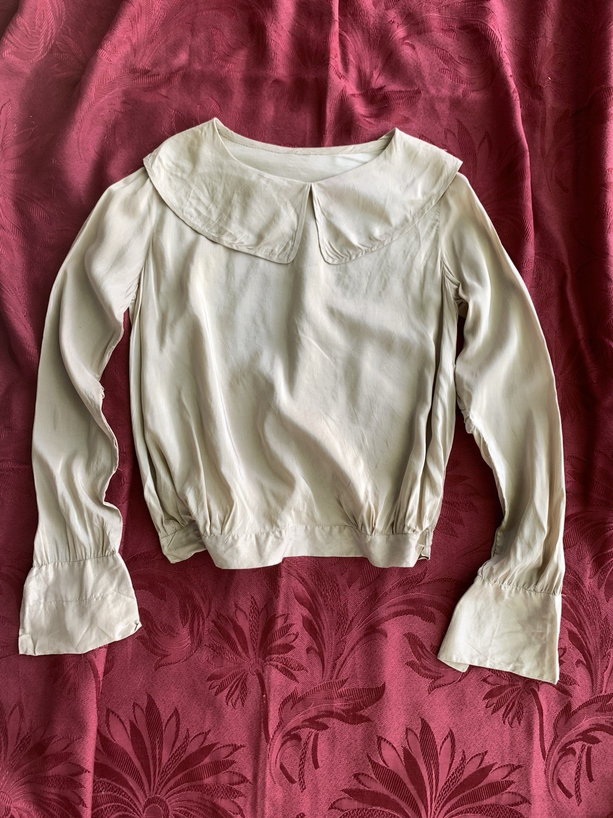 Antique 1920s Pongee Silk Pullovwr Top Long Sleeve Blouse Peter Pan Collar Sz S