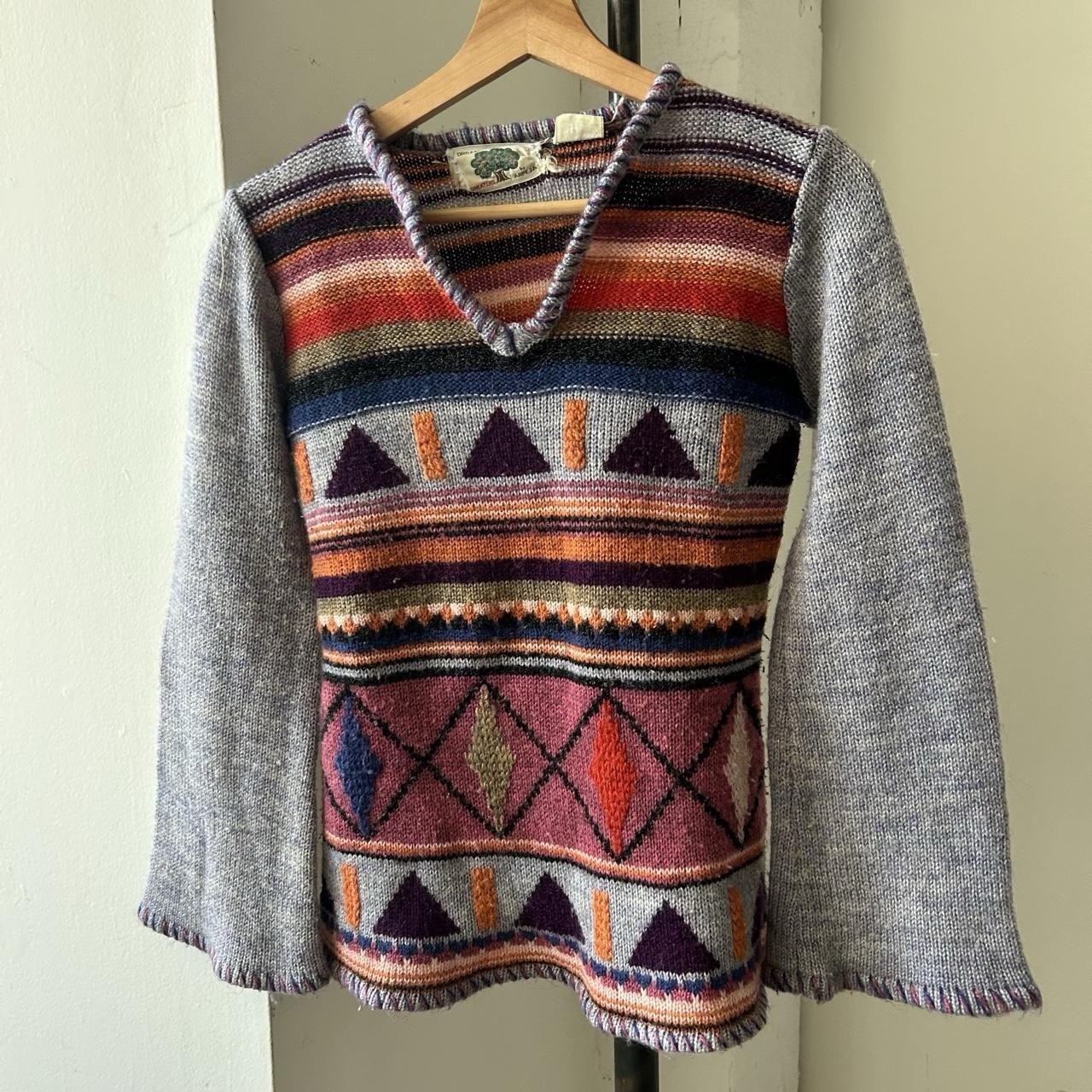 Vintage 1970s Arpeja Bell Sleeve Geometric Knit Sweater