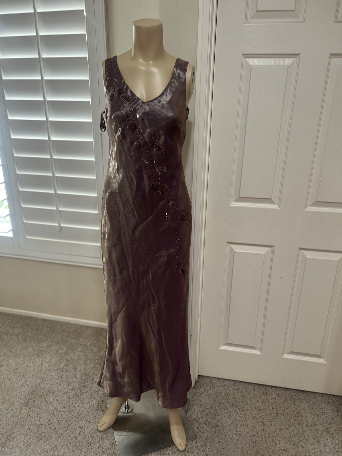 Alex Evenings Metallic Bronze‎ Beaded Short Sleeves Long Formal Gown Dress Sz 6
