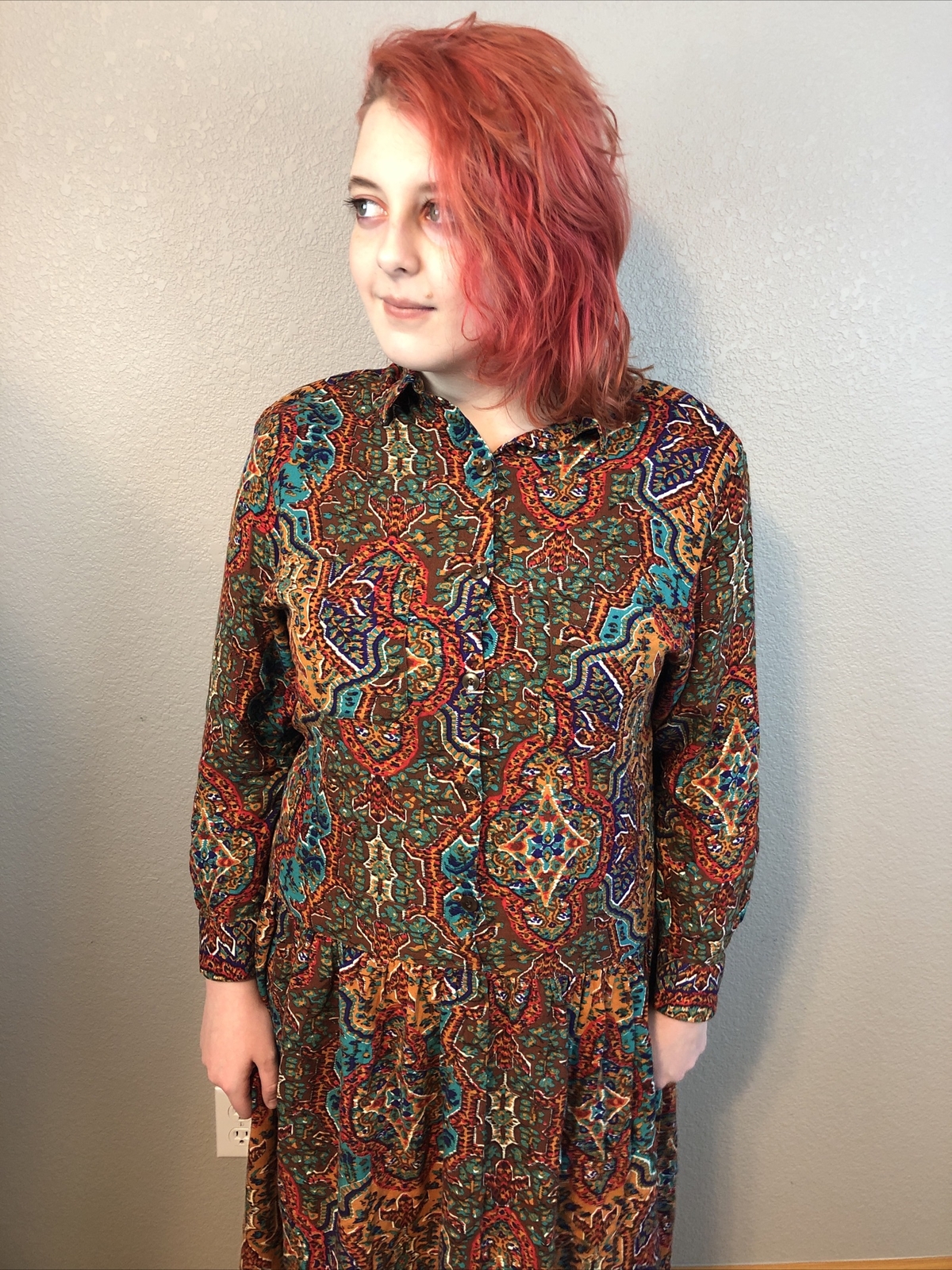 Vintage Forenza Paisley Dress Size M in Brown/Copper/Turquoise w/Shoulder pads