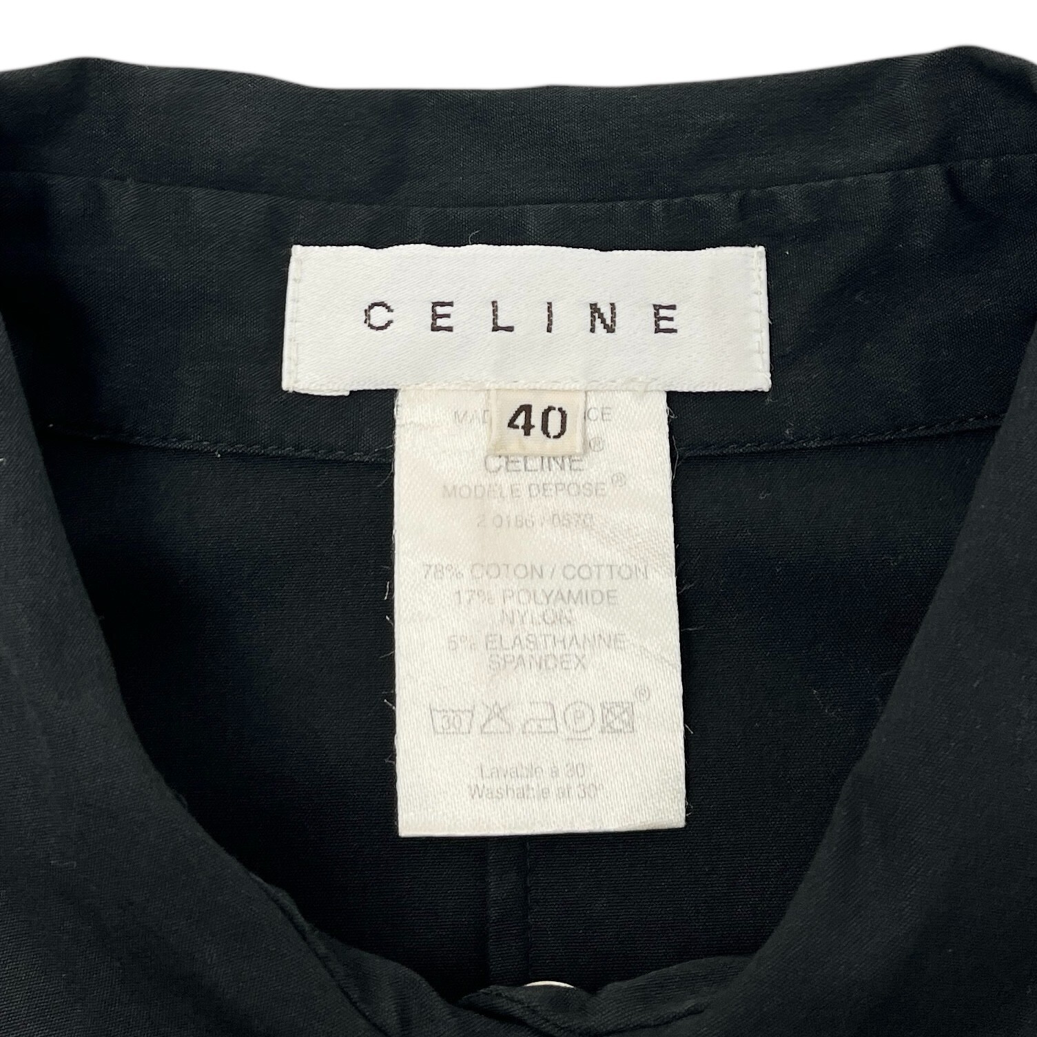 CELINE Vintage Logo Button Up Shirt #40 Blouse Top Black Silver Cotton